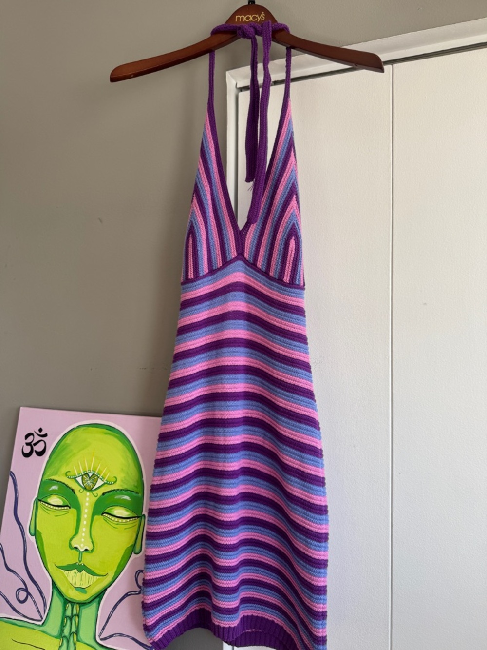 Striped Crochet Halter Mini Dress Purple Blue Pink Size M Boho Y2K